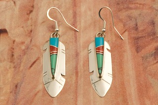 Native American Jewelry Genuine Kingman Turquoise Sterling Silver Feather Earrings